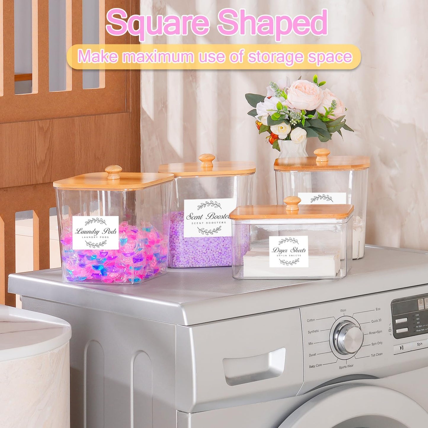 efluky 2 Pack Laundry Pods Container & Dryer Sheet Holder Set,Clear Laundry Room Organization Containers with Bamboo Lids and Labels,Laundry Pods Holder for Scent Booster,Powder,Pod