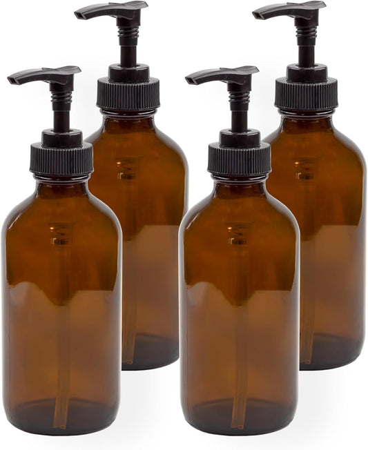 Cornucopia 8oz Glass Pump Bottles (4-Pack, Amber Brown), Lotion Soap Dispensers w/Black Plastic Pumps