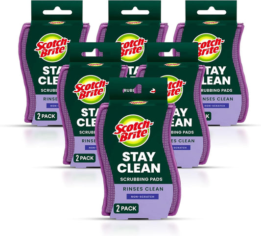 Scotch-Brite Stay Clean Scrubber Pads, Non-Scratch Dish Sponges for Kitchen Cleaning, 12 Count, Rinses Clean, Odor-Resistant, Safe on Non-Stick Cookware, Pots, Pans, and Glassware