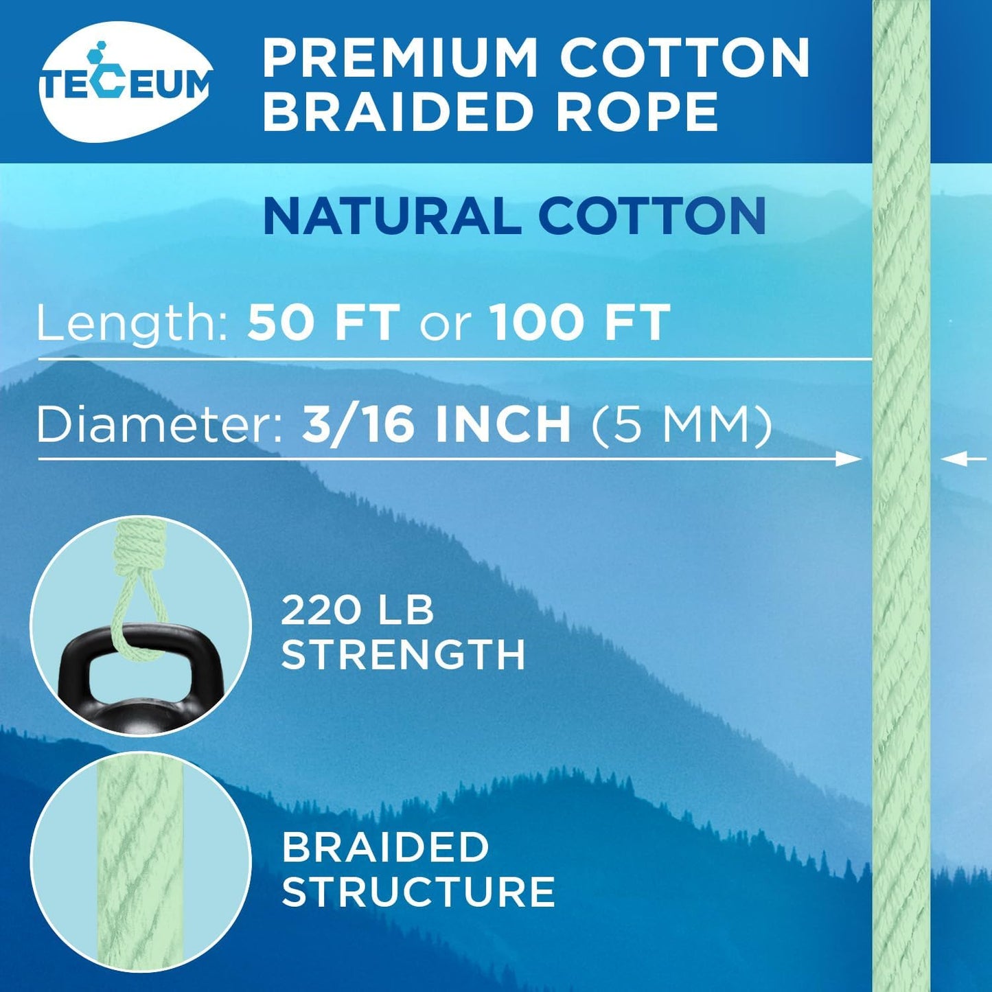 TECEUM Cotton Rope 3/16” (5 mm) – 50 FT – Strong All-Purpose Braided Rope – Natural Cotton – for Crafting, Сamping, Clothes Line, DIY, Indoor & Outdoor Use – Mint