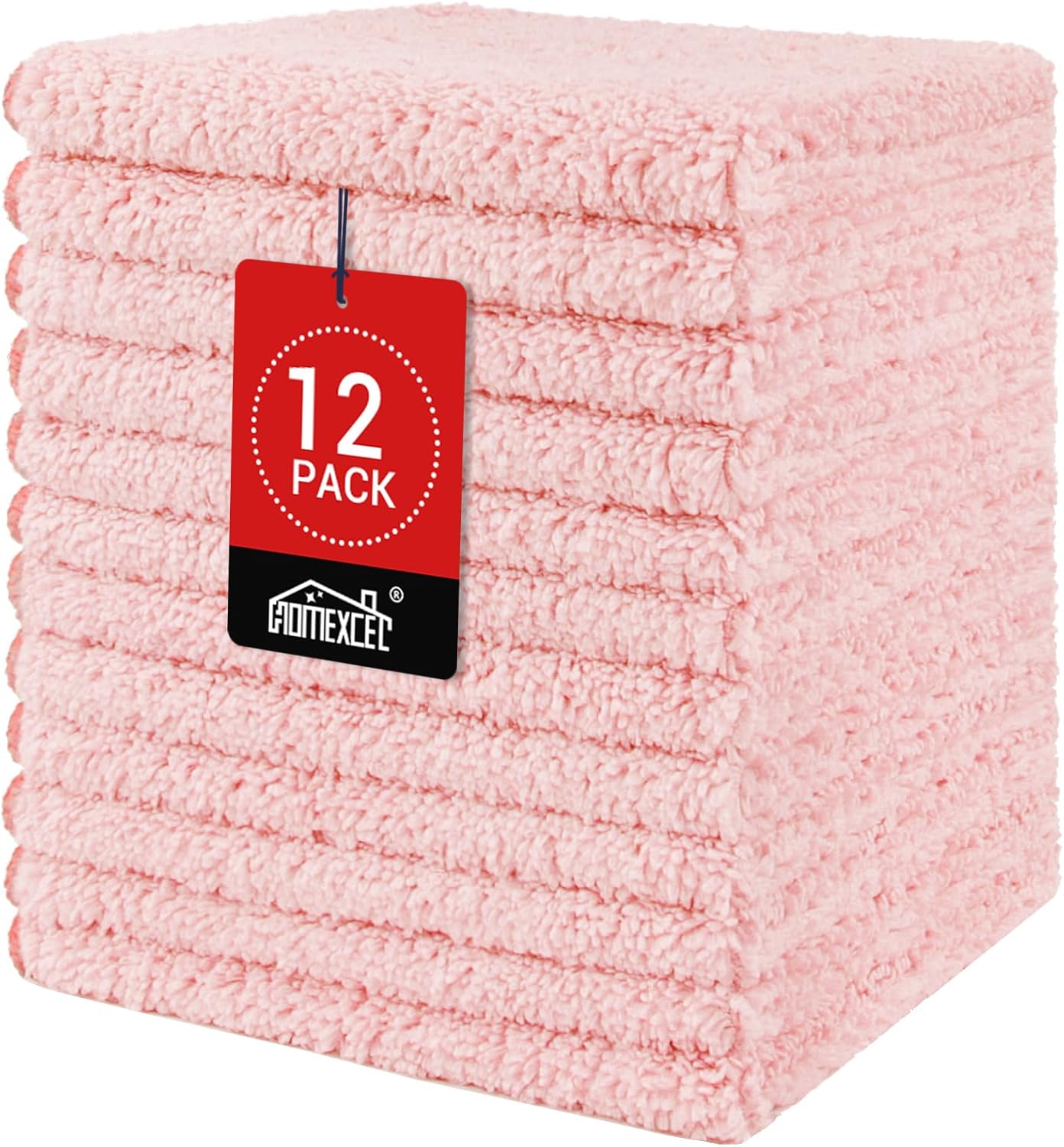 HOMEXCEL Microfiber Washcloths 12 Pack, Highly Absorbent and Soft Face Towel, Multi-Purpose Wash Cloths for Bathroom, Gym, Hotel, Spa and Kitchen, Multicolor 12x12 Inch, Pink