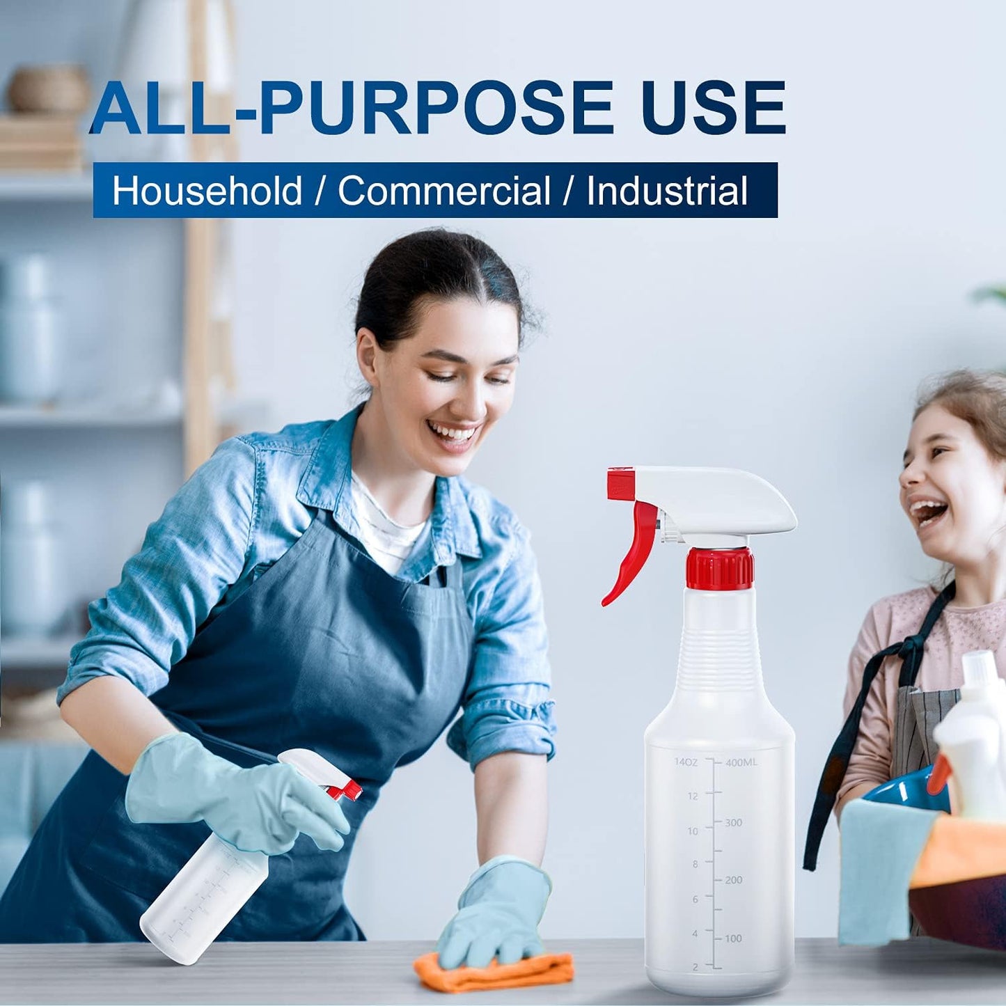 Veco Spray Bottle (2 Pack&2 extra Nozzle,16 Oz) with Measurements and Adjustable Nozzle, HDPE Plastic Spray Bottles for Cleaning Solution, Household/Commercial/Industrial Use, No Leak and Clog