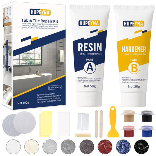 Tub, Tile and Shower Repair Kit (Color Match), Hupeyna Porcelain Repair Kit, Bathtub Repair Kit for Chips Dents Cracks Holes Scratchs, etc. Fiberglass Repair Kit (More Color)