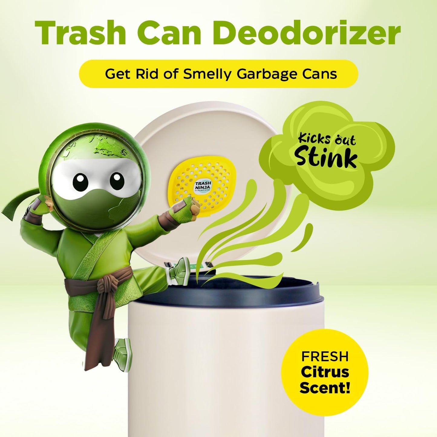Trash Ninja Trash Odor Eliminator – Long-Lasting Citrus Scent Deodorizer with Activated Charcoal, Stick-On Freshener for Garbage Can, Fridge, Bathroom, Kitchen, and Diaper Pail Odors
