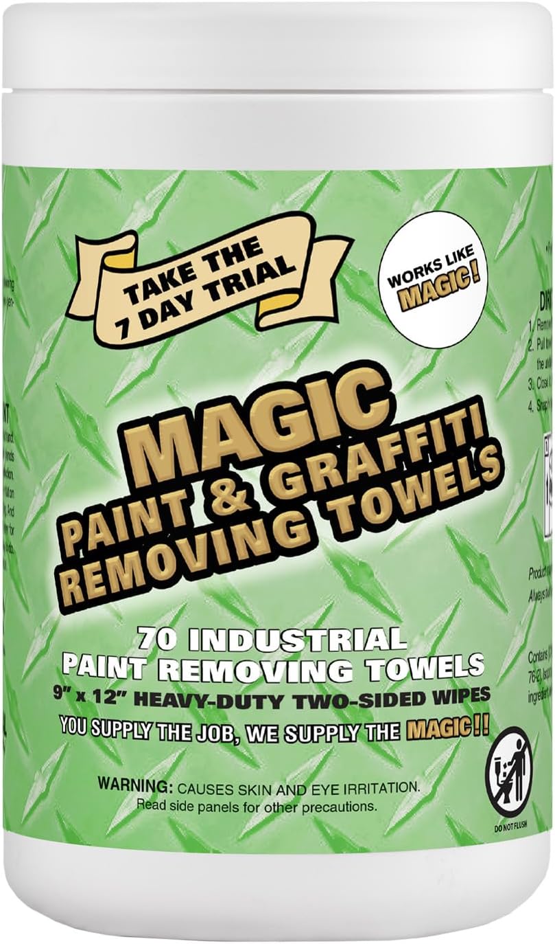 Magic Heavy Duty Paint & Graffiti Removing Wipes - Dual Sided Industrial Cleaning Towels | Waterless | Removes Adhesive, Ink, Marker, Spray Paint, Tar, Decals & more (6 Pack | 420 Sheets Total)