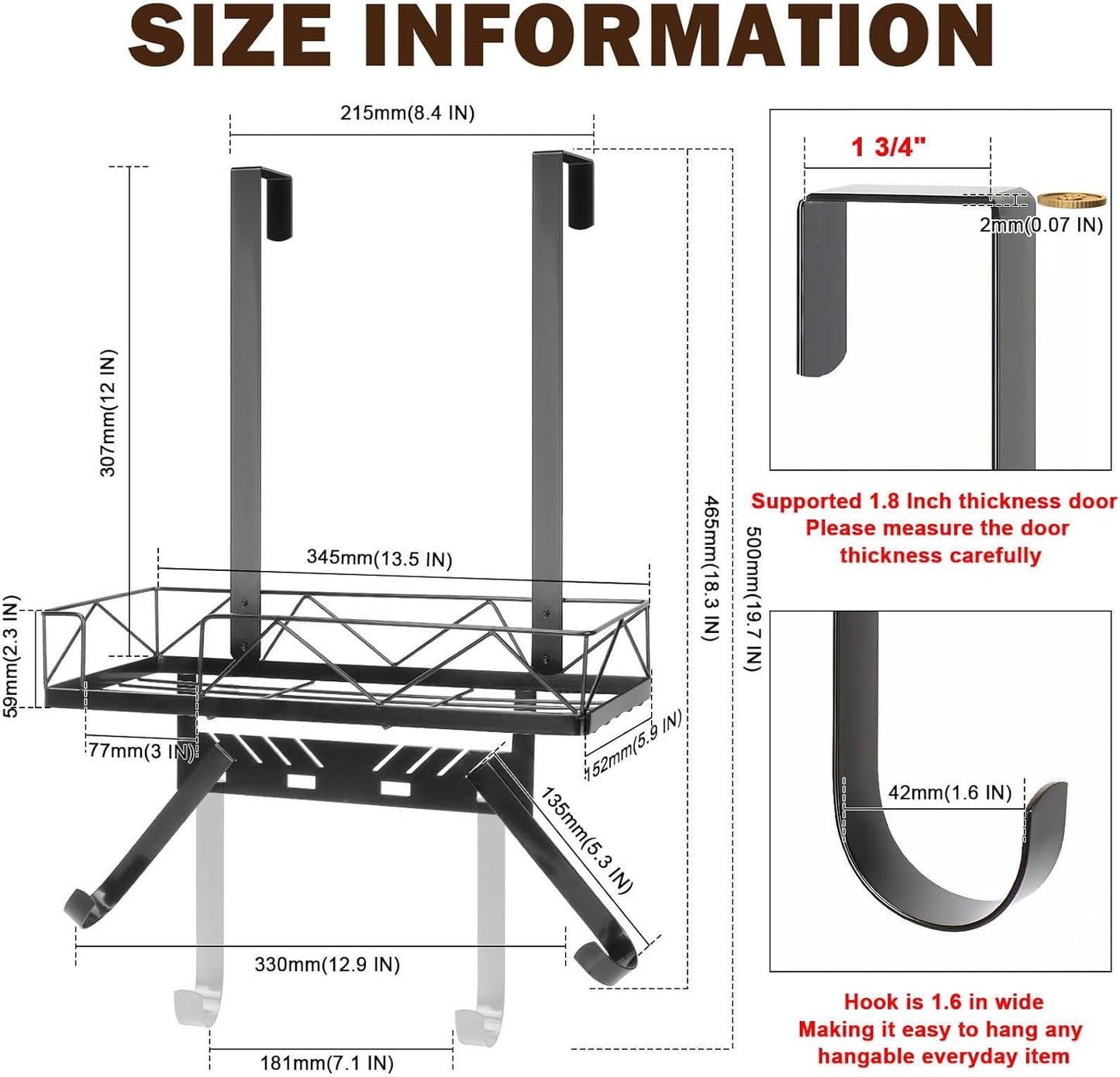 Ironing Board Hanger, Metal Over The Door or Wall Mounted Ironing Board Caddy, Ironing Board Storage Shelf with Adjustable Hooks for Laundry Room, Living Room, Bathroom (Matte Black)