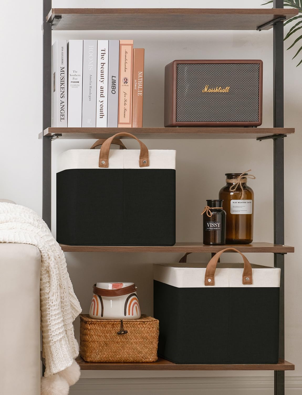 StorageWorks Storage Bins, Fabric Storage Bins for Shelves, Large Storage Baskets with Metal Frame, Closet Baskets and Bins with Handles, Black and White, 2-Pack