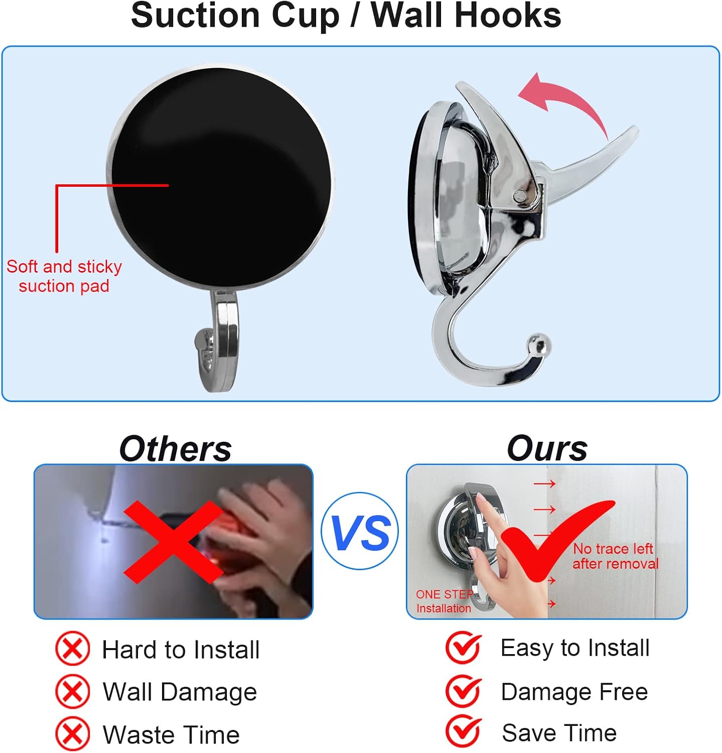 Heavy Duty Suction Cup Hooks for Shower, Bathroom Robe - Vacuum Glass Hooks, Reusable, No Hole Punched, for Garland Decoration (Silver, 6 Pack)