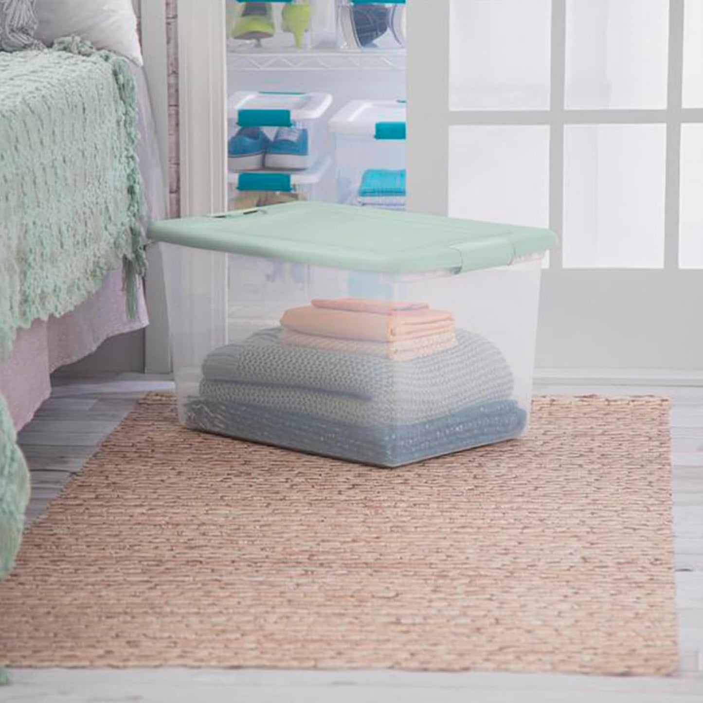 Sterilite 12 Pack Latching Box, Clear Plastic Stackable Storage Bin with Lid, 64 Quart, Mindful Mint