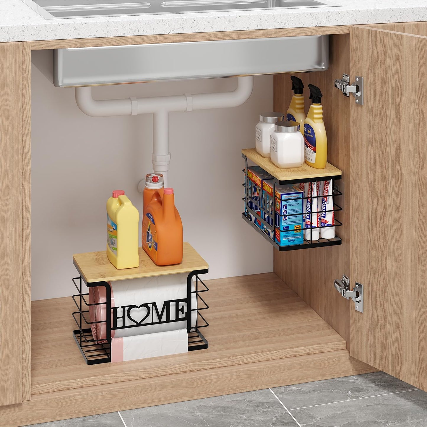 Trash Bag Holder, Thipoten Trash Bags Dispenser with Bamboo Top, Suitable for Garbage Bags Purchased Online or Supermarket, Perfect Storage Organizers for Cabinet, Under Sink (Black, Large)