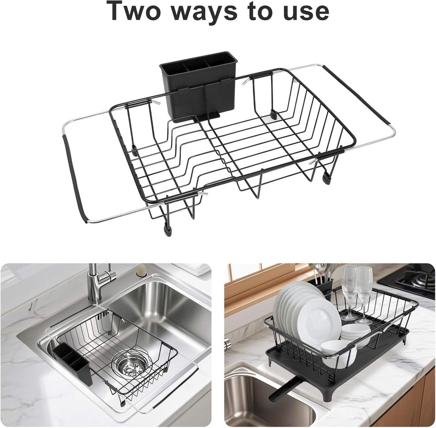 Dish Drying Rack - Expandable Dish Rack for Kitchen Counter, Dish Drainer for Kitchen Counter with Cutlery Holder, Drying Rack Fit for 14’’-21’’ Kitchen Sink