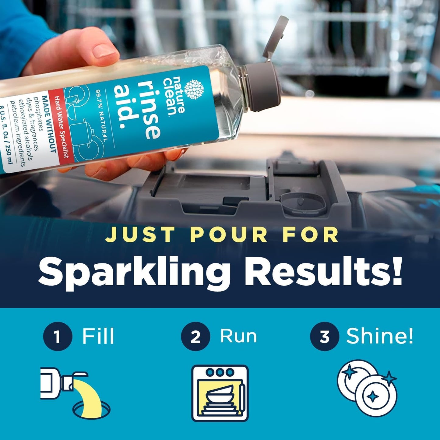 All Natural Dishwasher Rinse Aid Cleaner, Liquid Dishwasher Rinse Agent for Spot-Free Glass & Cutlery in Hard Water, Non Toxic Dish Washer Rinse Aid & Stain Remover, 8 oz/250ml, Pack of 12