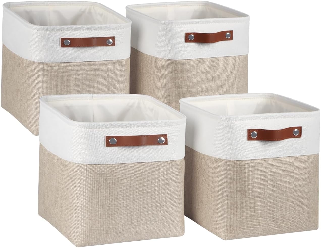 Univivi 4 PC Foldable Storage Baskets,10.5 inch Fabric Storage Bins for Shelf with Hard Bottom,Storage Baskets with PU Handles Cube Storage Bins for Closet Organizing (Khaki)
