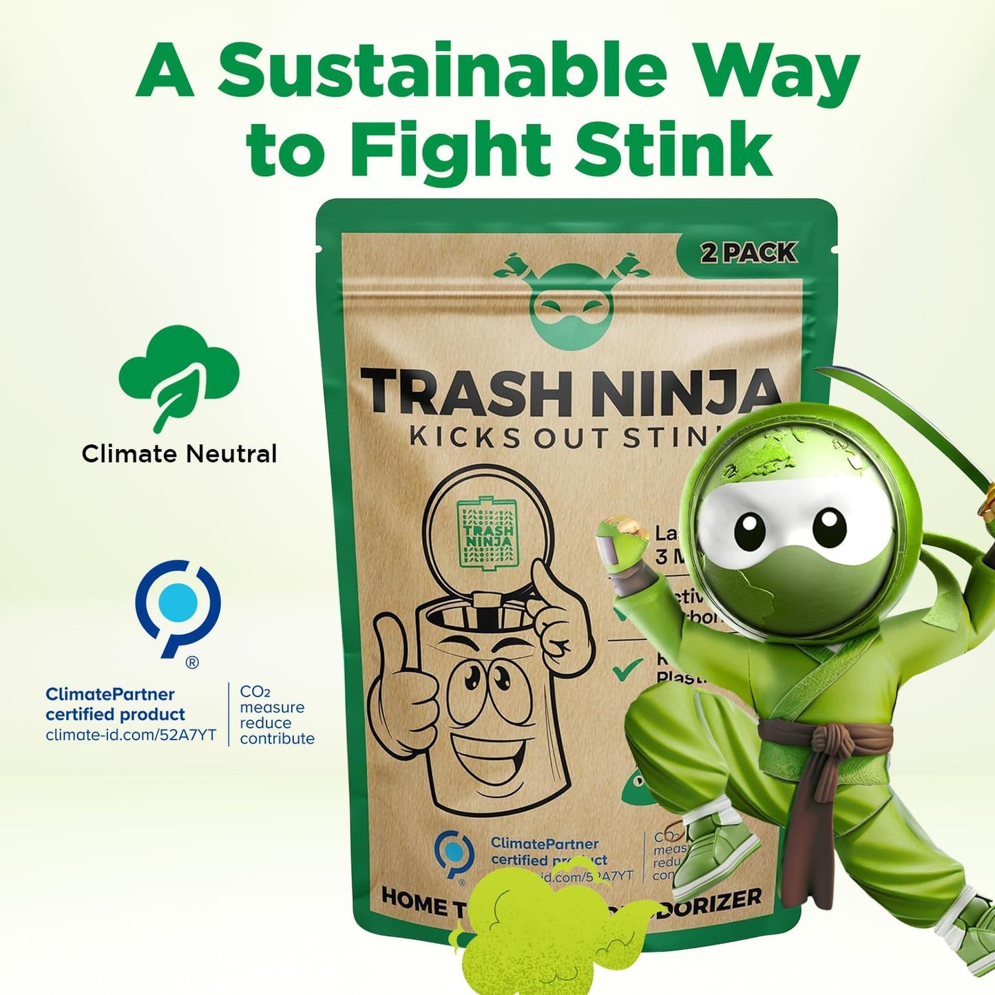 Trash Ninja Trash Can Deodorizer and Odor Eliminator (2 Pack) for Indoor Trash Cans Up to 10 Gallons, Made with Natural Activated Carbon - Lasts Up to 3 Months - Garbage Can Deodorizer to Control Odor