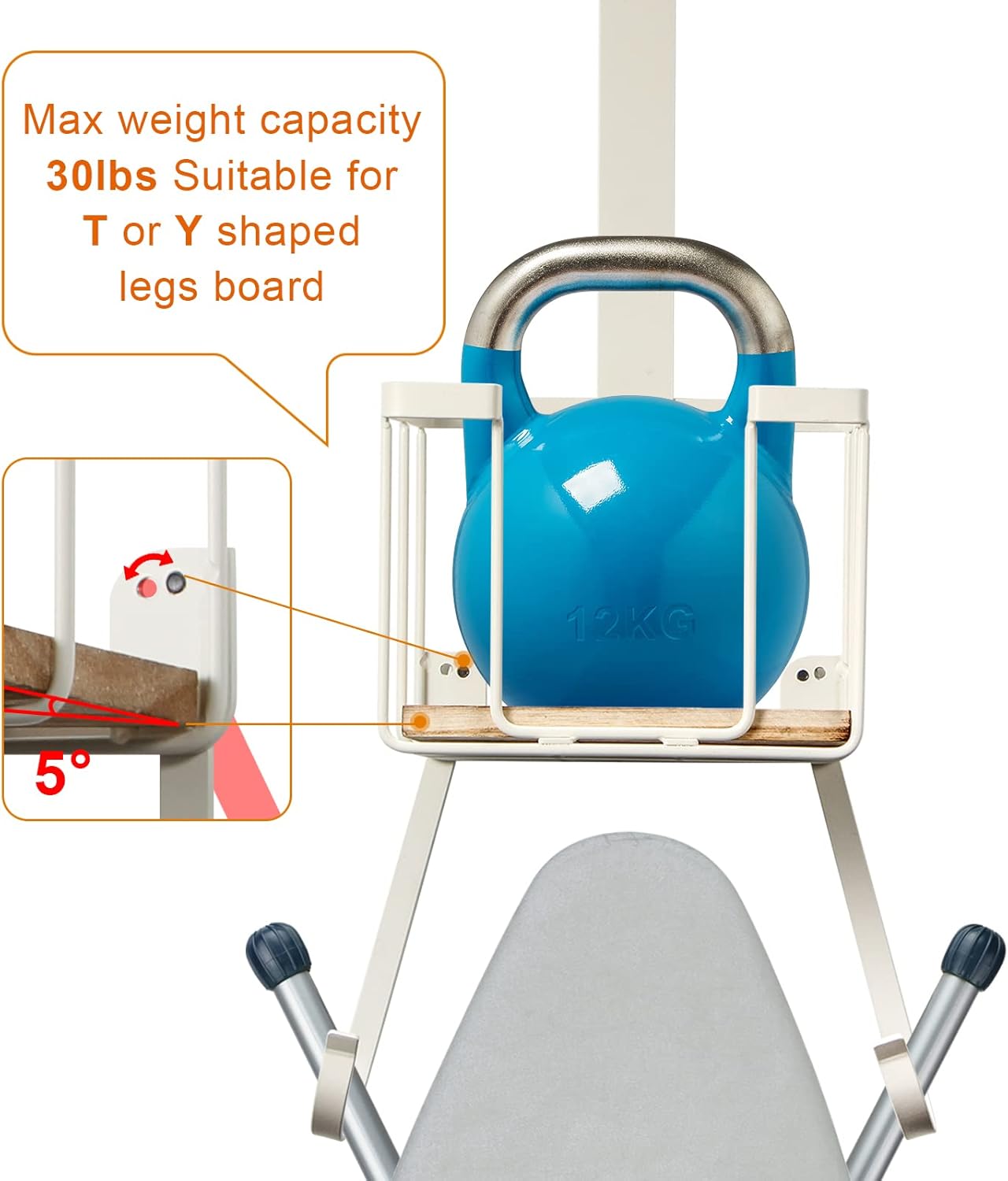 TJ.MOREE Over The Door/Wall Mount Ironing Board Hanger, Laundry Room Iron and Ironing Board Storage Holder, White