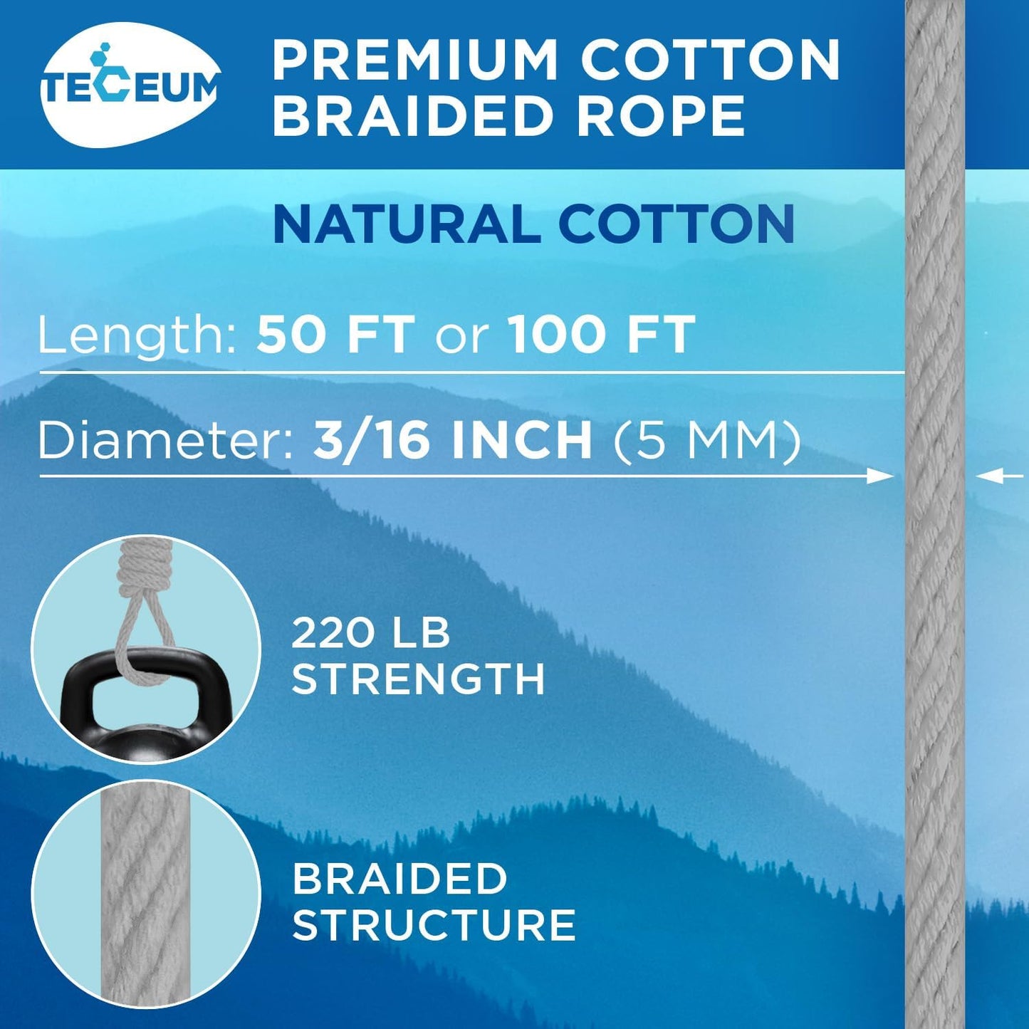 TECEUM Cotton Rope 3/16” (5 mm) – 50 FT – Strong All-Purpose Braided Rope – Natural Cotton – for Crafting, Сamping, Clothes Line, DIY, Indoor & Outdoor Use – Light Gray