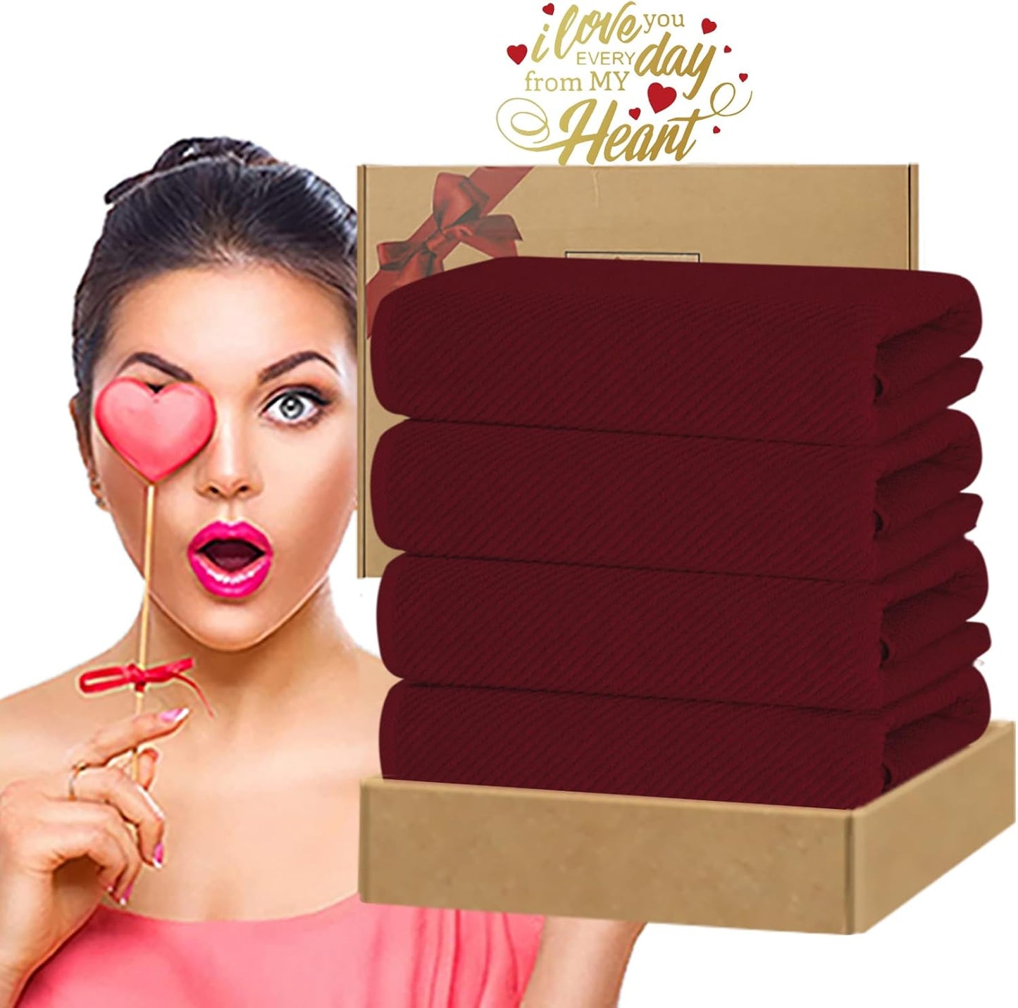 VOOVA & MOVAS Hand Towels for Bathroom Set of 4, Large 18" x 28" - 100% Cotton | Lightweight | Thick | Quick Dry | Soft | Absorbent, Bath Hand Towels for Showering, Bathroom Essentials, Burgundy Red