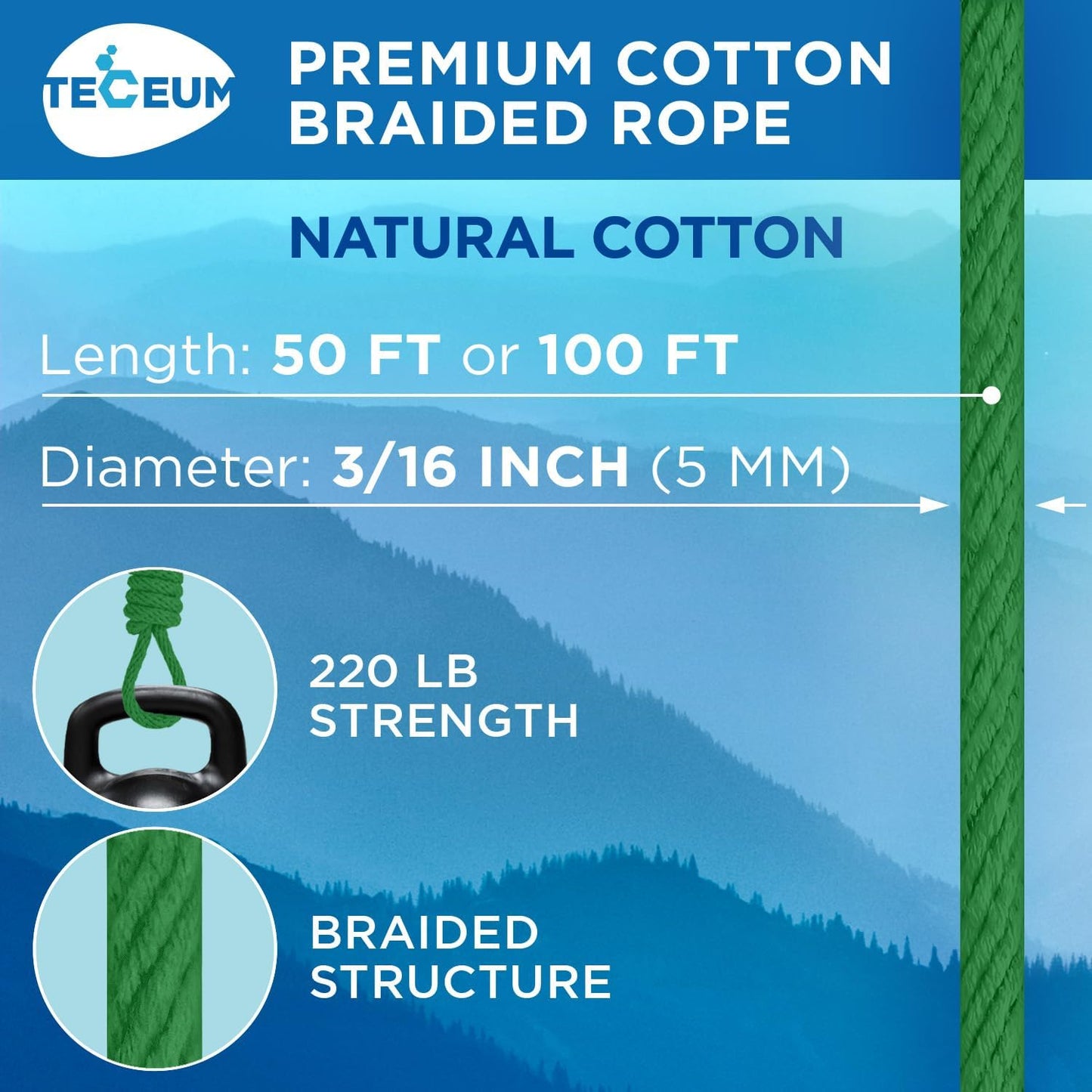 TECEUM Cotton Rope 3/16” (5 mm) – 50 FT – Strong All-Purpose Braided Rope – Natural Cotton – for Crafting, Сamping, Clothes Line, DIY, Indoor & Outdoor Use – Green