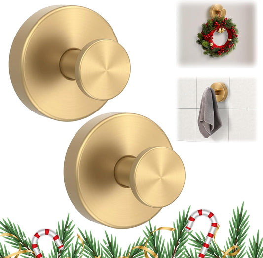 Suction Cup Hooks for Wreaths on Glass, 2025 New No Drill Suction Cup Hooks (2PCS-Gold)