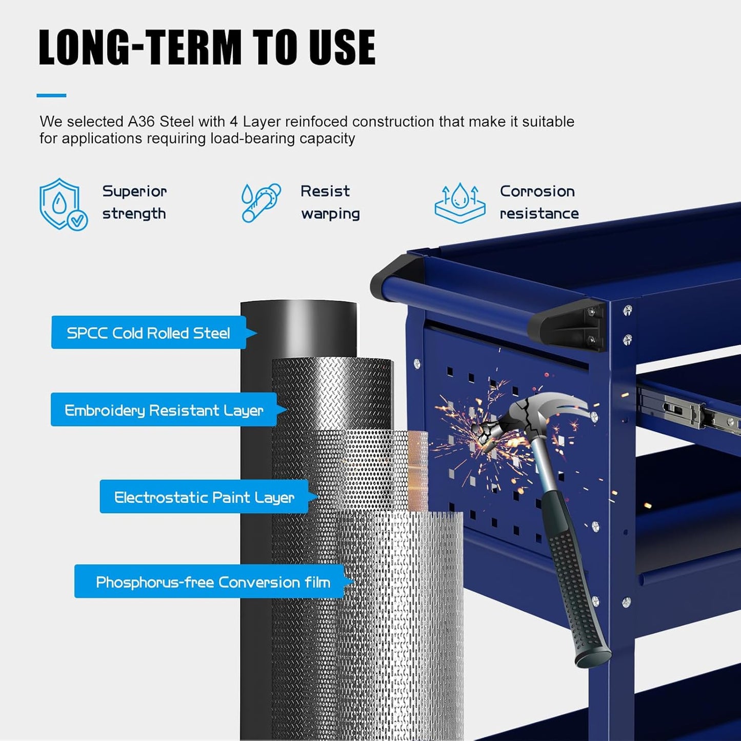 3 Tier Heavy Duty Tool Cart, Mechanic Metal Rolling Tool Carts Work Cart with Locked Drawers & Pegboard for Garage Workshop