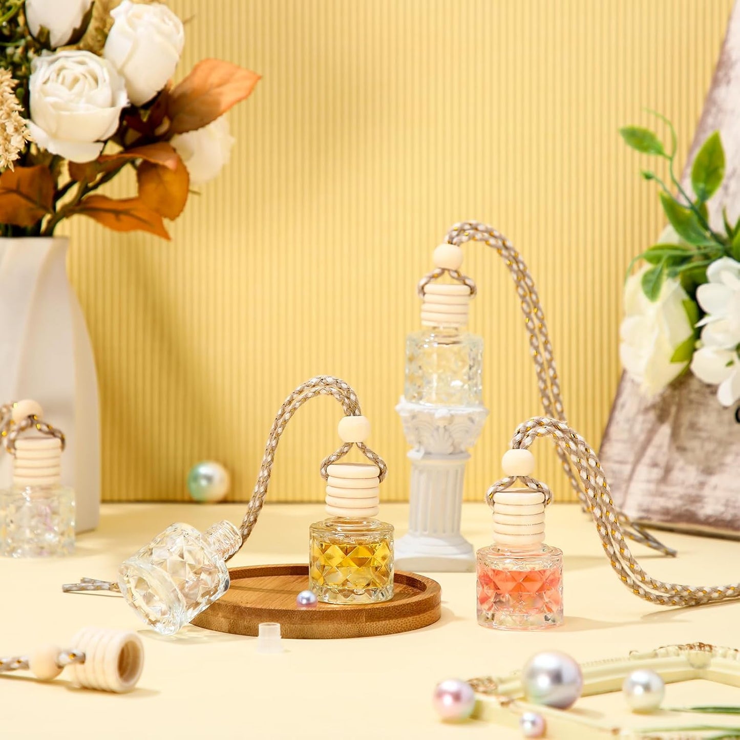 BBTO 50 Pcs Hanging Car Air Freshener Car Diffuser Bottles Empty Glass Perfume Bottle Freshener Diffuser Bottle Pendant for Essential Oil Fragrance Aromatherapy Bottle Ornament(Diamond)