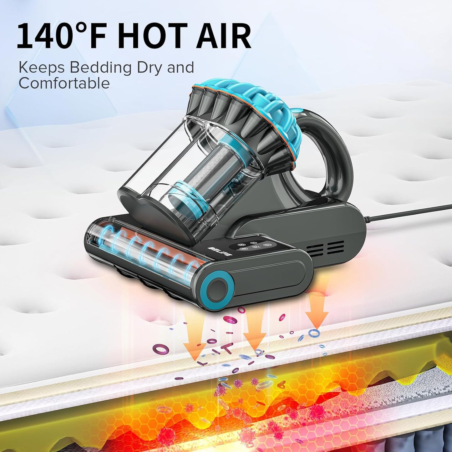 Belife M8 Mattress Vacuum Cleaner, 18Kpa 550W Bed Cleaner with UV & Hot Air & HEPA Filter, High Heating Double-Cup Handheld Couch Cleaner for Sofa Pillow Crib Pet Hair, Corded