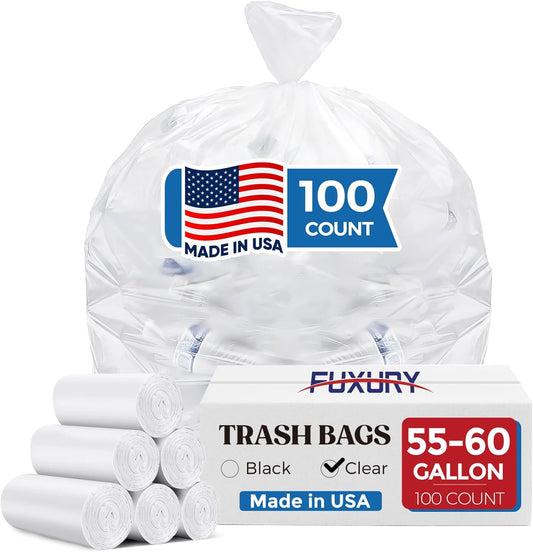 Fuxury 55-60 Gallon Heavy Duty Trash Bags, 100 Count Clear Garbage Bags, 23 Mic Thick, 38x58 in, Star-Seal Bottom, Plastic Bags Ideal for Home, Yard & Commercial Use, Made in USA