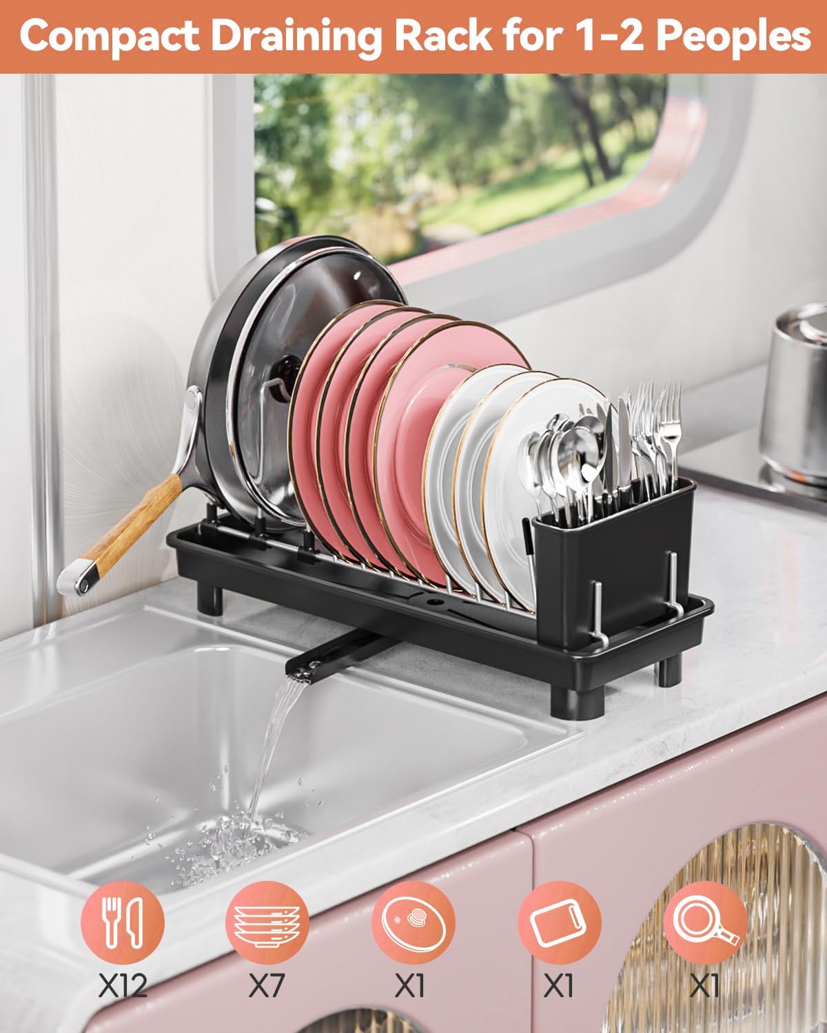 Small Dish Drying Rack, Compact Dish Rack for Kitchen Counter with Removable Cutlery Holder, Multifunctional Stainless Steel Dish Drainer, Space Saving