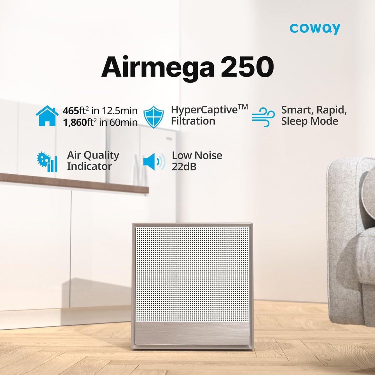 COWAY Air Purifiers for Home Large Room Up to 1,860 ft², Washable Pre-Filter and True HEPA Filter for Smoke, Allergies, Pet Dander, Odor, AQI, Smart & Rapid Mode, Timer, 3yr Warranty, 250