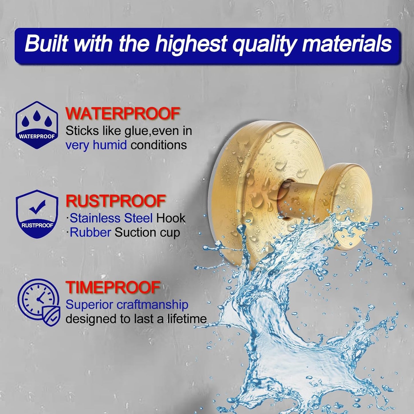 Suction Cup Hooks for Shower, Towel Hooks for Bathroom Window Glass, Bath Robe Looafh Hook for Hanging - 2 Pack, Gold