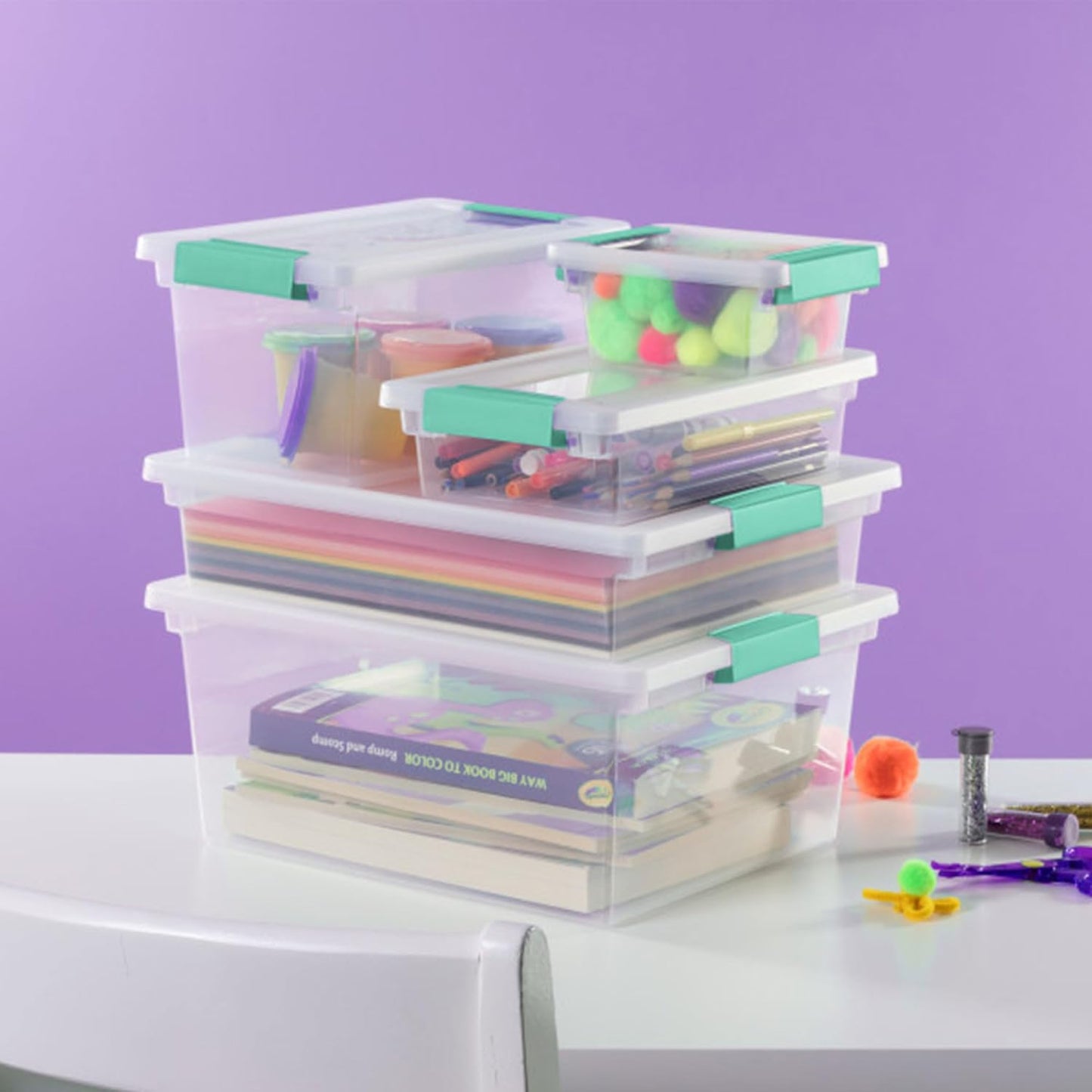 Sterilite 12-Pack Clip Box, Stackable Clear Plastic Bins with Latching Lids, Mini - Writing, Arts or Crafts Supplies Storage Containers for Home, Office, Classroom and Workshop Organization