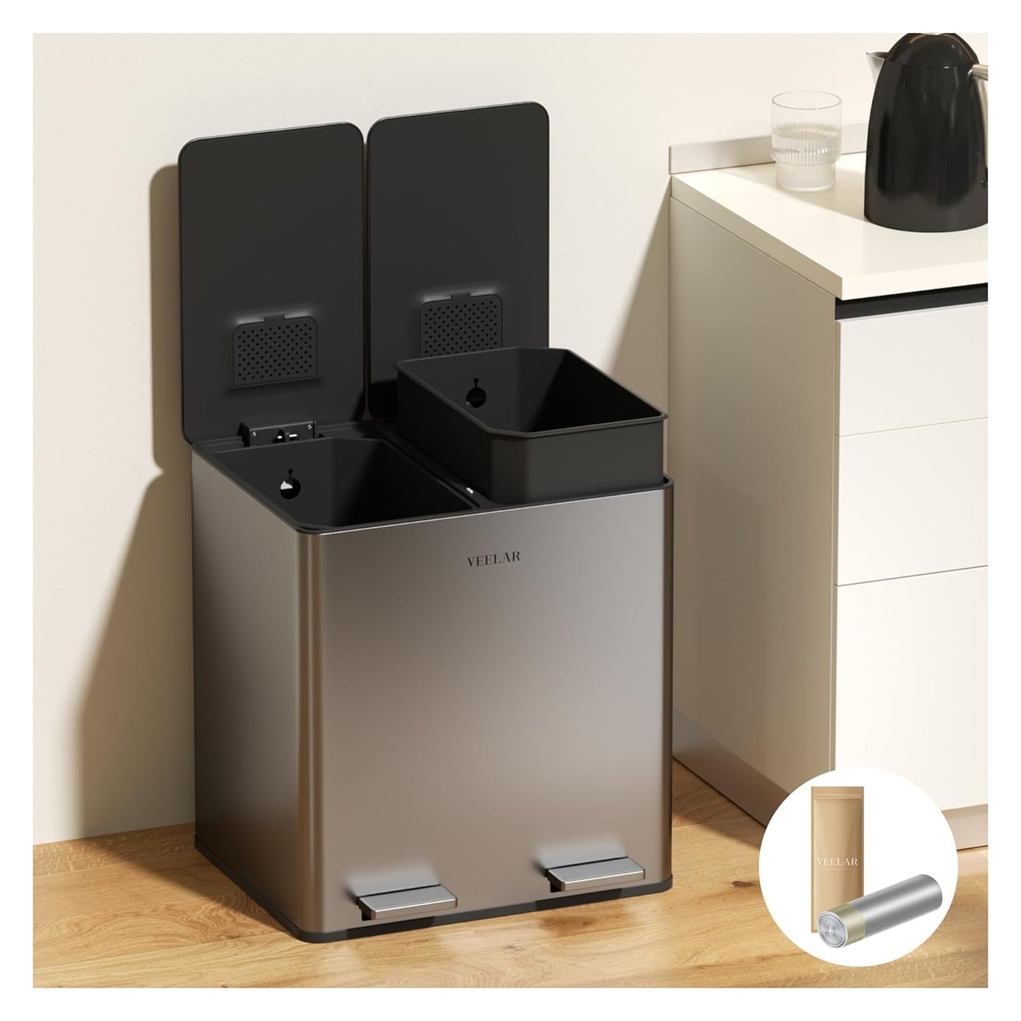 Kitchen Dual Trash Can - Double Touchless Garbage Bins 2 x 4 Gallon (2 x 15 L) with Lid, Stainless Compartment Trash and Recycle Bin Combo