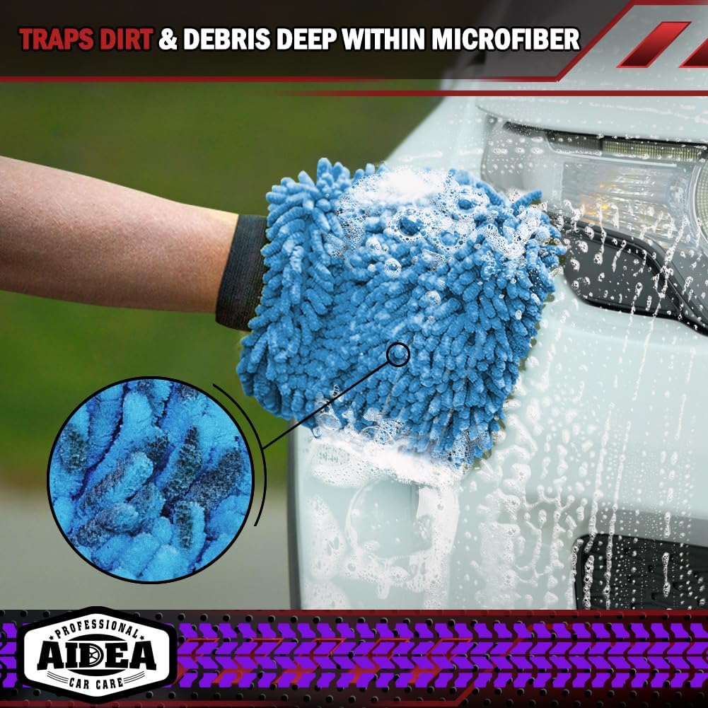 AIDEA Car Wash Mitt Microfiber-2PK, Scratch-Free& Lint-Free, Premium Chenille Microfiber Wash Mitt-Blue Regular Size (7.12''X10.14'')