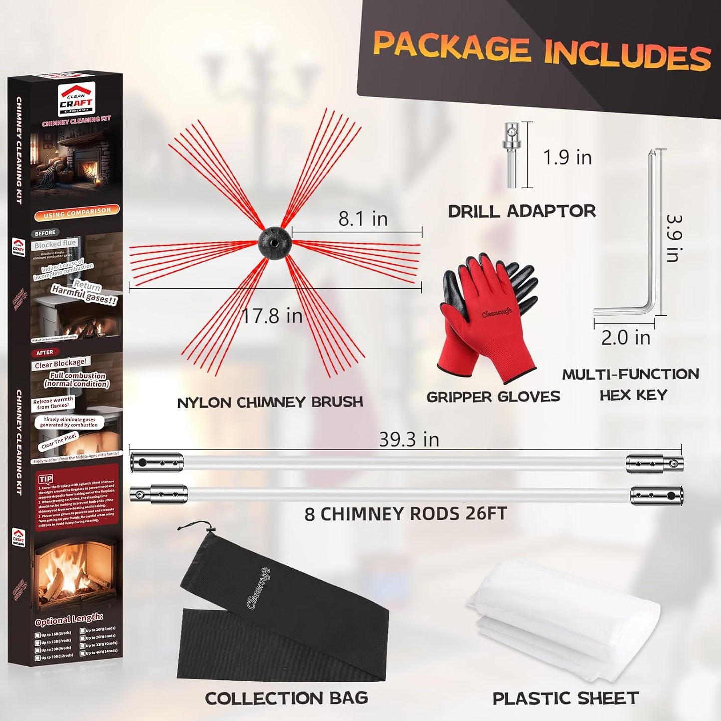 26 Feet Chimney Sweep Kit, Chimney Cleaning Kit with 8 Flexible White Chimney Rods, Chimney Brush, Rotary Chimney Cleaning System Driven by Drill for Sweeping Fireplace