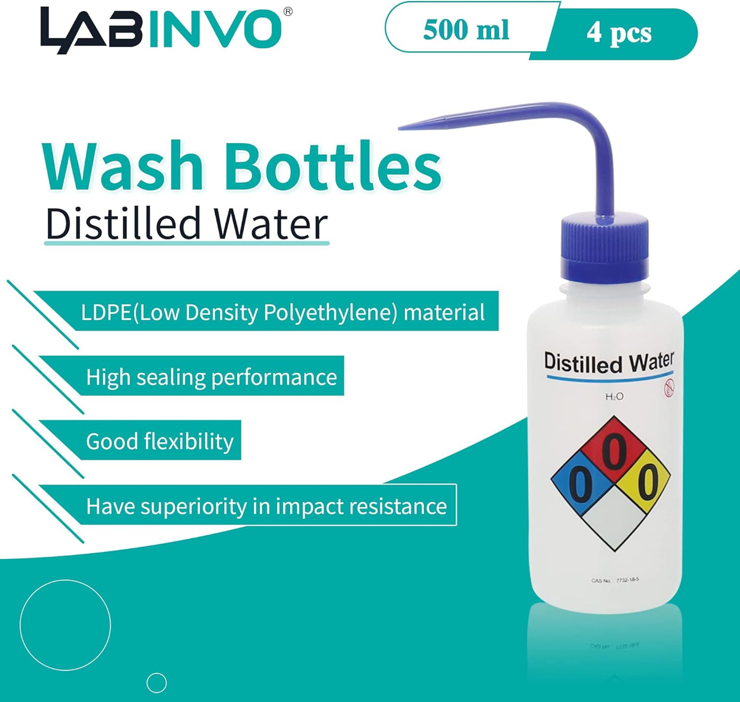 4pcs of Distilled Water Wash Bottles, Vol.500ml (17oz), Narrow Mouth, Self-Venting Safety Wash Bottles, LDPE Material, IN-WBD500