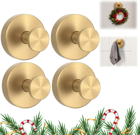 Suction Cup Hooks for Wreaths on Glass, 2025 New No Drill Suction Cup Hooks (4PCS-Gold)