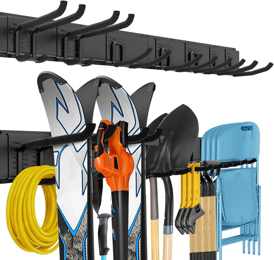 Garage Tool Organizer Wall Mount, 64 Inches Garden Tool Organizer with Adjustable Hooks, Metal Garage Storage Rack Max Loading 620lbs, Tool Holder for Hanging Rake Broom Mop Snowboard
