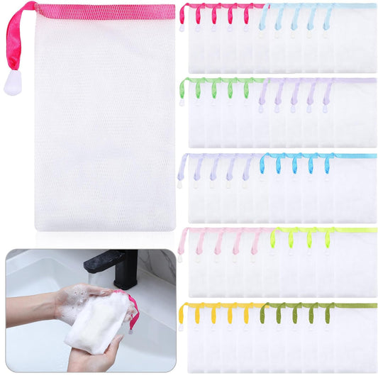 Sunnyray 50 Pcs 10 Colors Soap Bag Soft Handmade Soap Bubble Mesh Bags Exfoliating Mesh Pouch with Drawstring for Foaming and Drying for Shower Body Facial Cleaning Tool
