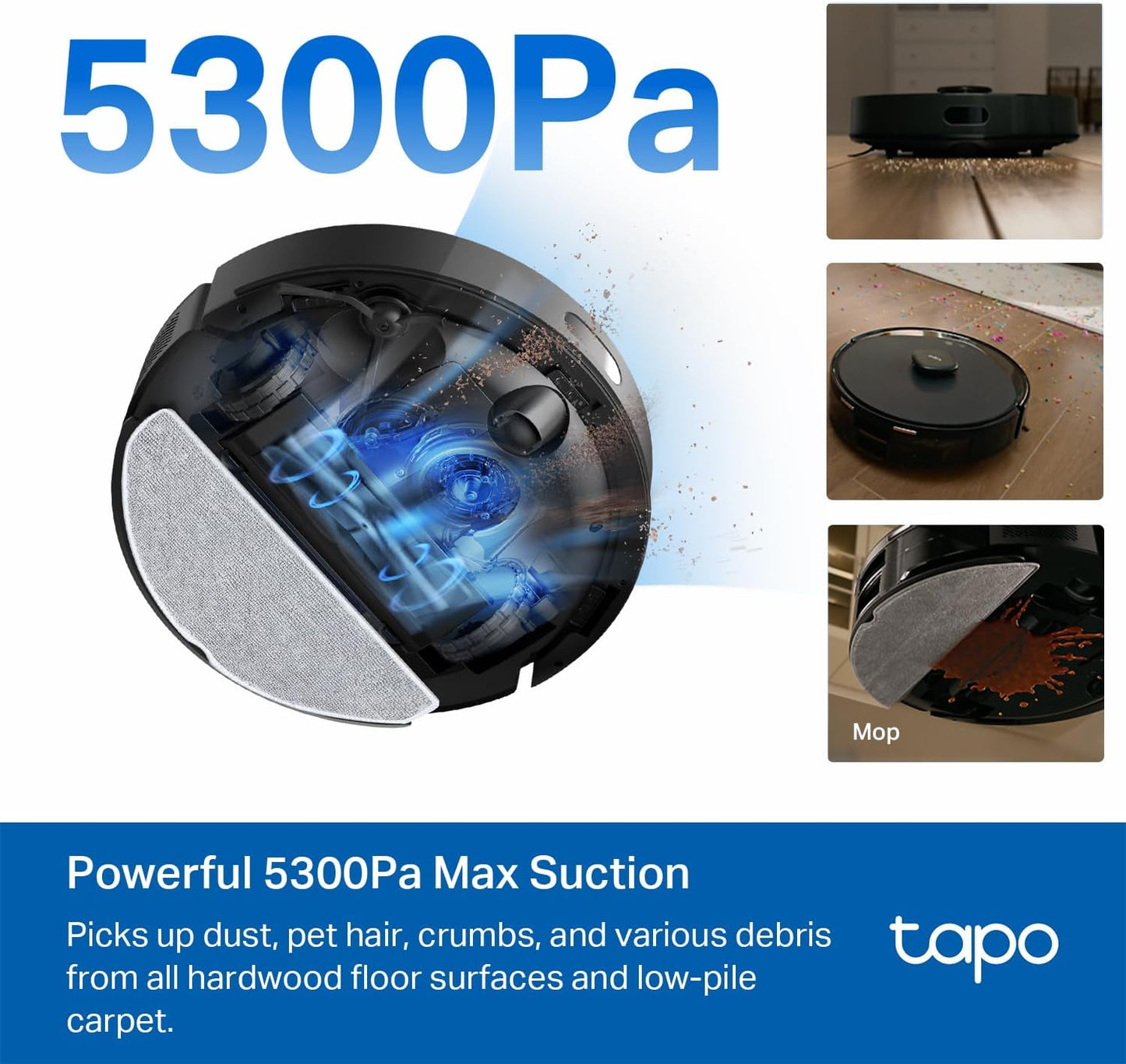 Tapo Ultra-Slim LiDAR Smart Navigation Robot Vacuum and Mop with Self-Emptying Dock, 5300Pa Max, 97%+ Dust Pickup Rate, Self-Charging, Compatible with Alexa & Google Home, RV20 Max Plus