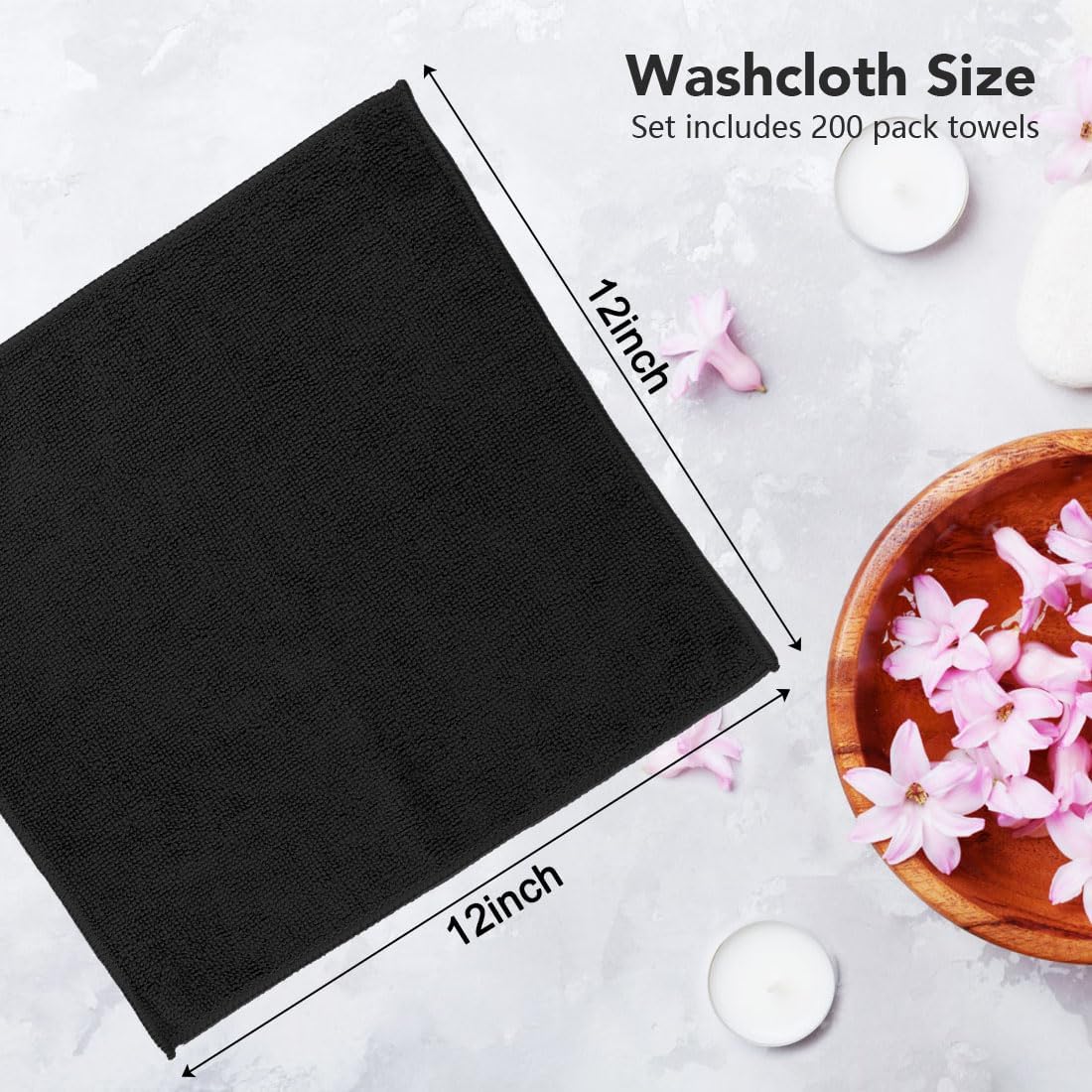 Orighty Wash Cloths Bulk Towels Set 200 Pack, Highly Absorbent and Soft Feel Microfiber Face Cloths, Multi-Purpose Washcloths & Hand Towels for Bathroom, Hotel, Spa, and Gym, 12x12 Inch, Black