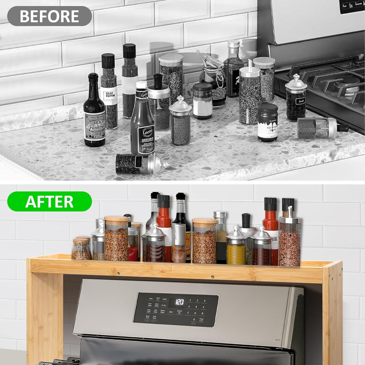 Over the Stove Spice Rack, 33" Wide Bamboo Shelf Rack Organizer for Stove Top