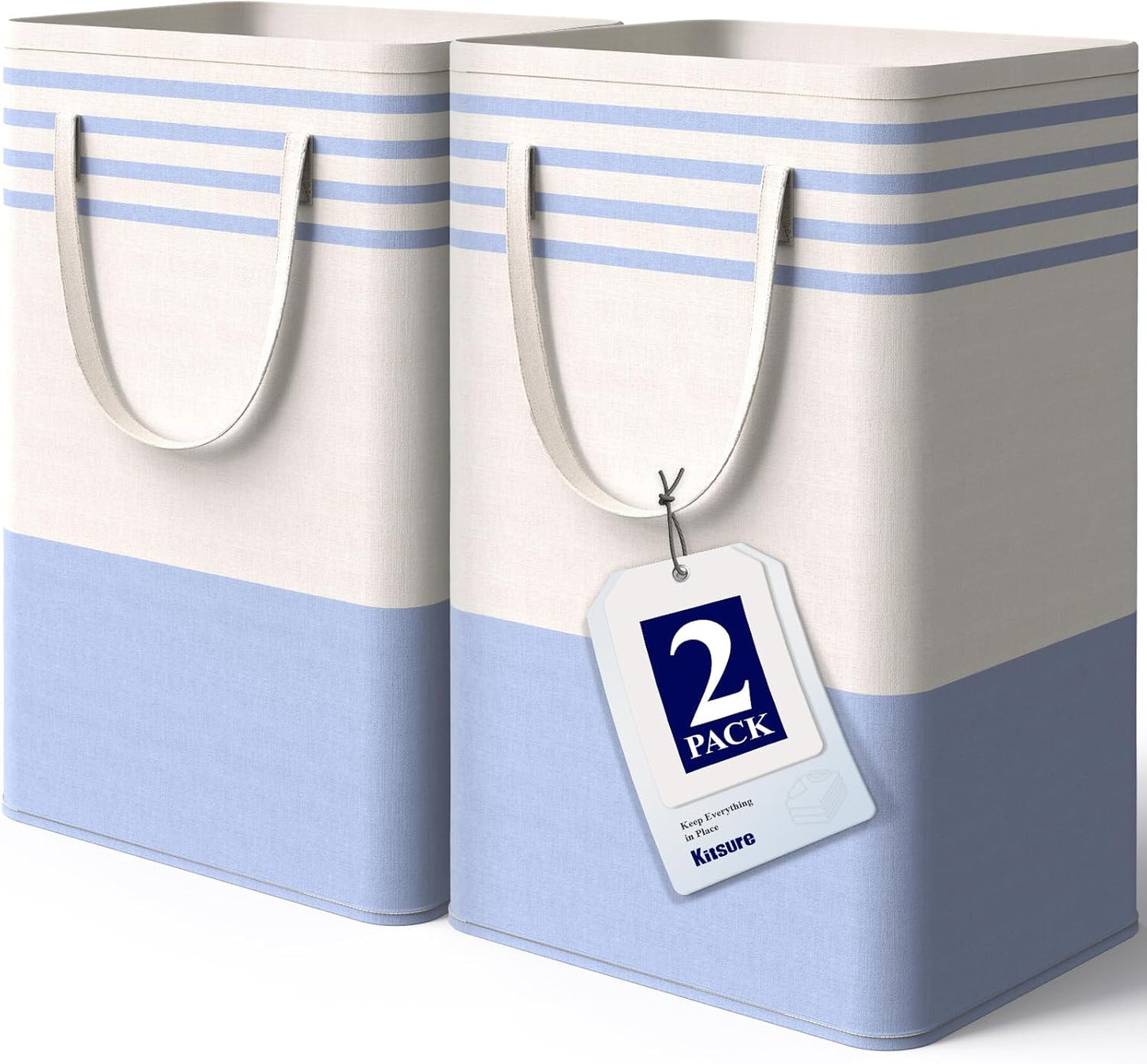 Kitsure Laundry Hamper - 2-Pack Collapsible Laundry Baskets with Well-Stitched Handles, Free-Standing Clothes Hamper with Rigid Top Edge for Household, Dorm Use, 2 x 75L, Blue