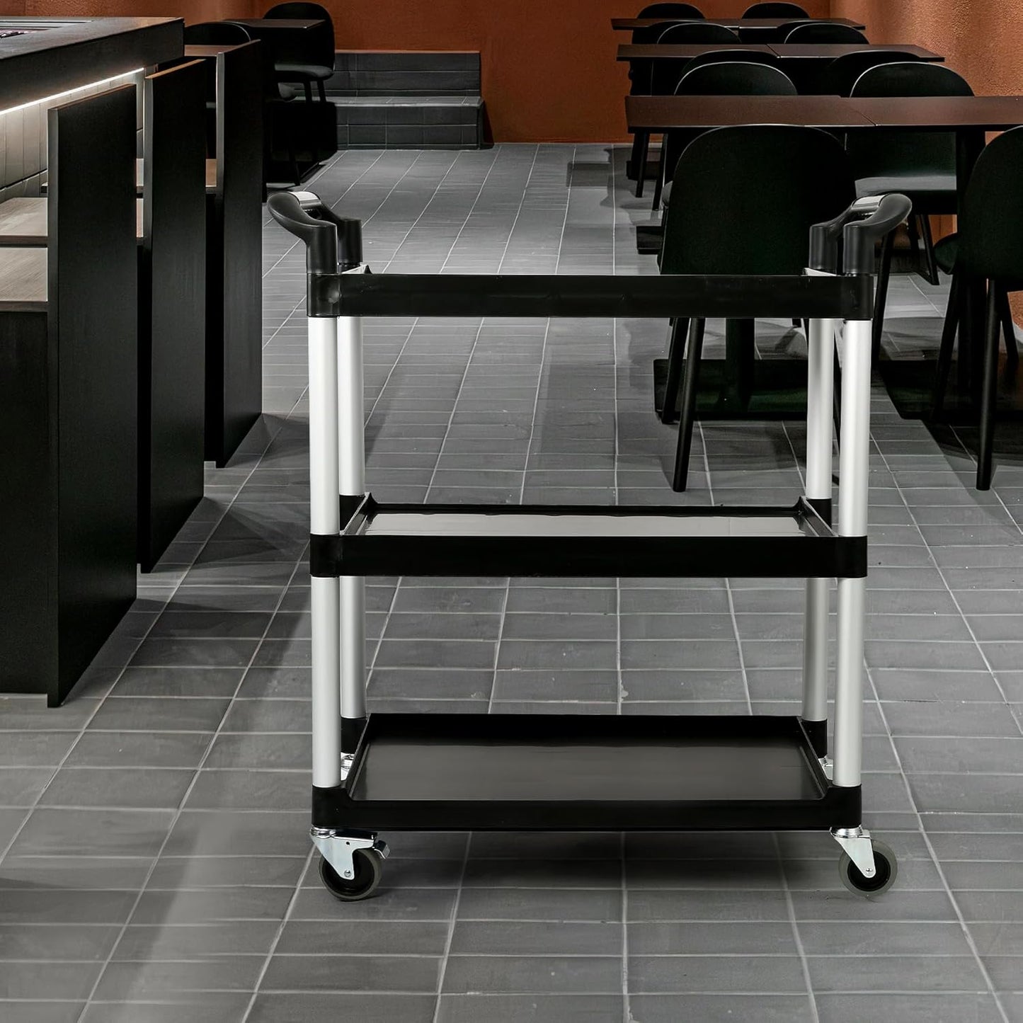 3-Tier Utility Rolling Cart with Wheels, Durable Catering carts with Wheels, Rolling Storage Cart for Hotel Canteen Resturant Office (Black, 34.4" D x 16.5" W x 37.7" H)
