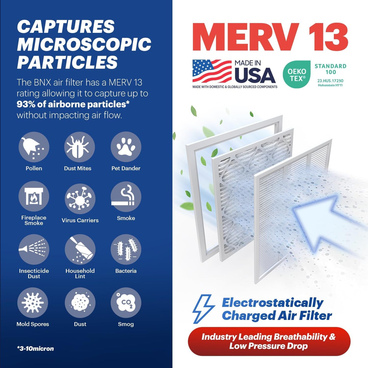 BNX TruFilter 20x22x1 Air Filter MERV 13 (6-Pack) - MADE IN USA - Electrostatic Pleated Air Conditioner HVAC AC Furnace Filters for Allergies, Pollen, Mold, Bacteria, Smoke, Allergen, MPR 1900 FPR 10