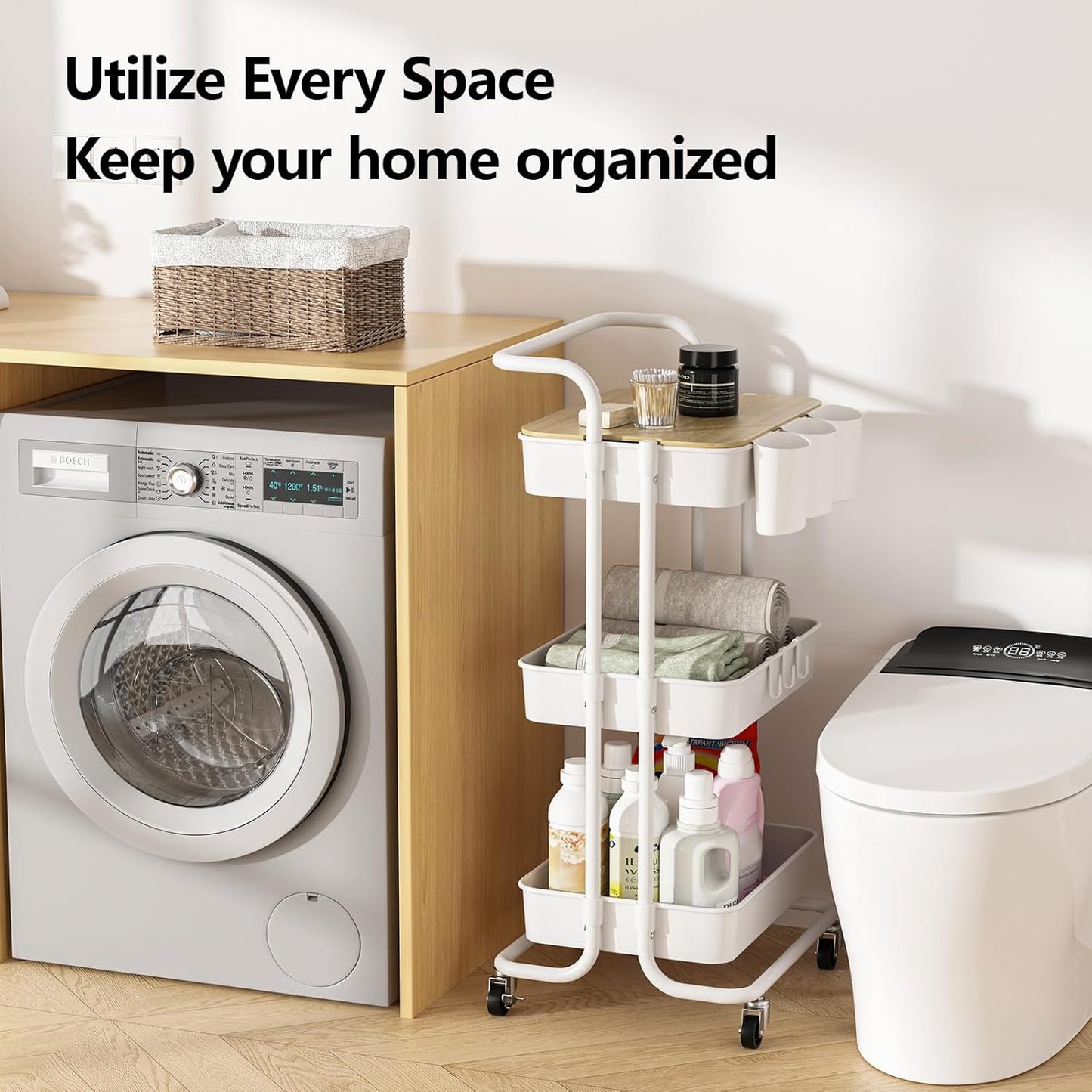 3 Tier Rolling Cart with Metal Handle, Table Top, Hanging Cups, Hooks, Plastic Storage Baskets& Wheels Lockable, Utility Cart for Bathroom Classroom Office Kitchen Pantry Organizers and Storage, White