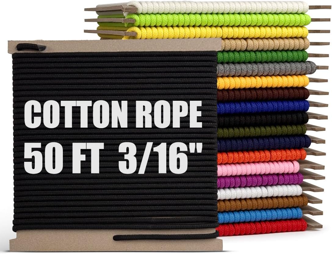 PerkHomy 500lb Cotton Rope 3/16" (5mm) 50 ft Multi Purpose Utility Diamond Braided Cord, Natural Cotton for Clothes Line Camping Crafting Flag Pole, Black