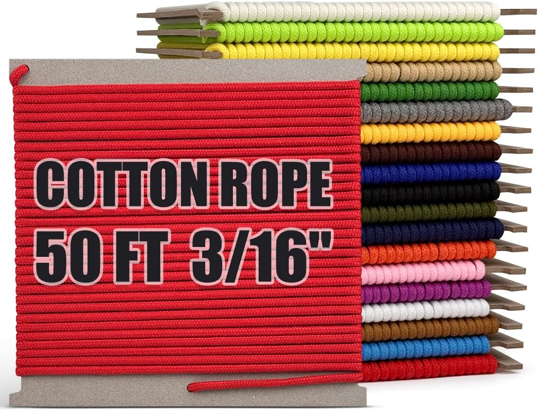 PerkHomy 500lb Cotton Rope 3/16" (5mm) 50 ft Multi Purpose Utility Diamond Braided Cord, Natural Cotton for Clothes Line Camping Crafting Flag Pole, Red