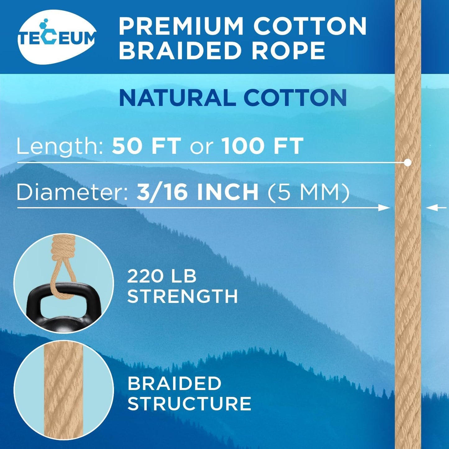 TECEUM Cotton Rope 3/16” (5 mm) – 50 FT – Strong All-Purpose Braided Rope – Natural Cotton – for Crafting, Сamping, Clothes Line, DIY, Indoor & Outdoor Use – Beige