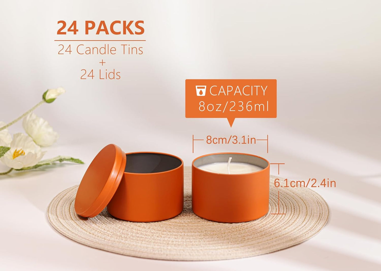 Aroparc Candle Tins 8oz with Lids, 24 Pack Seamless Candle Containers for Candle Making Supplies Empty Candle Jars - Orange