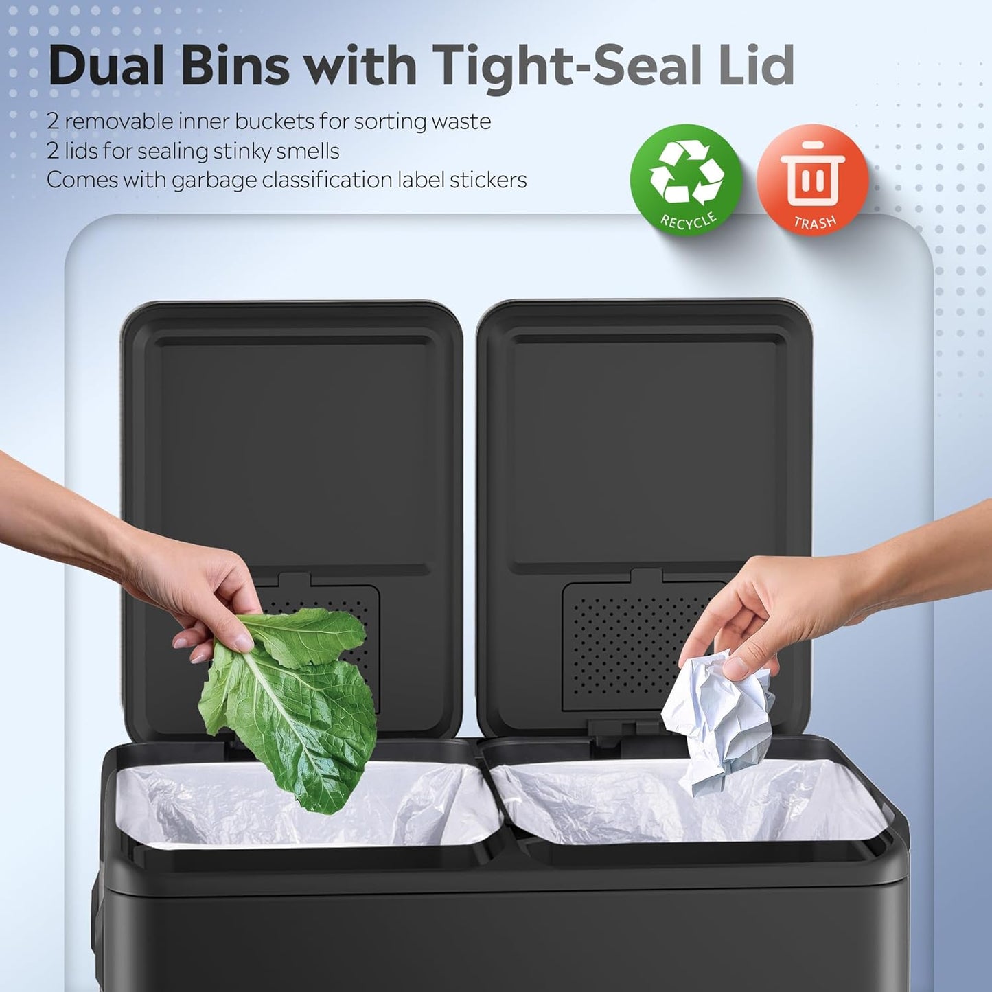 WLIVE Dual Trash Can, 2 x 8 Gallon (2 x 30 L), Step Trash Can with Lid with Inner Buckets, 2 Compartment, Heavy-Duty Stainless Steel Gabage Can for Kitchen with 15 Trash Bags, Black